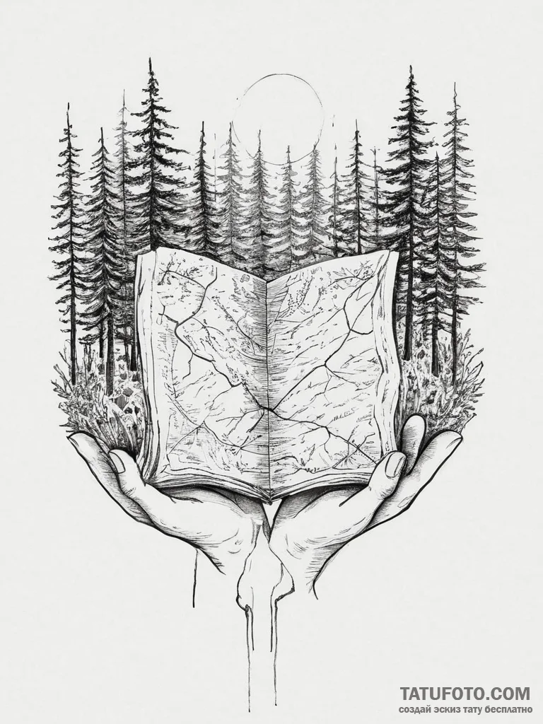 A person holding a map, looking lost in a den... - эскиз тату (№1754229940_0, 03.08.2025 14:05) — Tatufoto.com