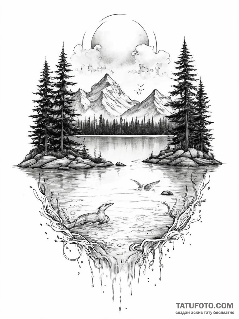 Tattoo design a calm lake with a fantasy crea... - эскиз тату (№1754231949_0, 03.08.2025 14:39) — Tatufoto.com