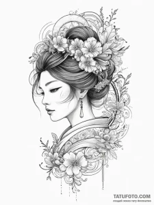 Geisha, tattoo line art, fine lines, delicate... - эскиз тату (№1754232740_0, 03.08.2025 14:52) — Tatufoto.com