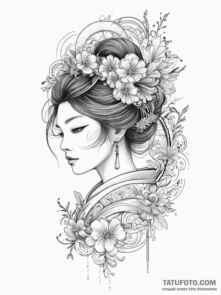 Geisha, tattoo line art, fine lines, delicate... - эскиз тату (№1754232740_0, 03.08.2025 14:52) — Tatufoto.com