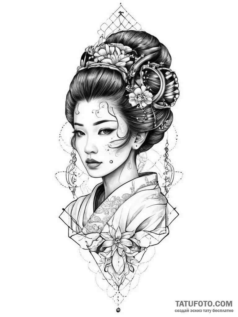 Cyborg geisha, tattoo drawing outline, detail... - эскиз тату (№1754233339_0, 03.08.2025 15:02) — Tatufoto.com