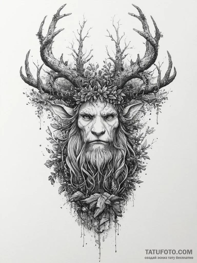 A tattoo sketch of a leshy, the forest spirit... - эскиз тату (№1754233739_0, 03.08.2025 15:08) — Tatufoto.com