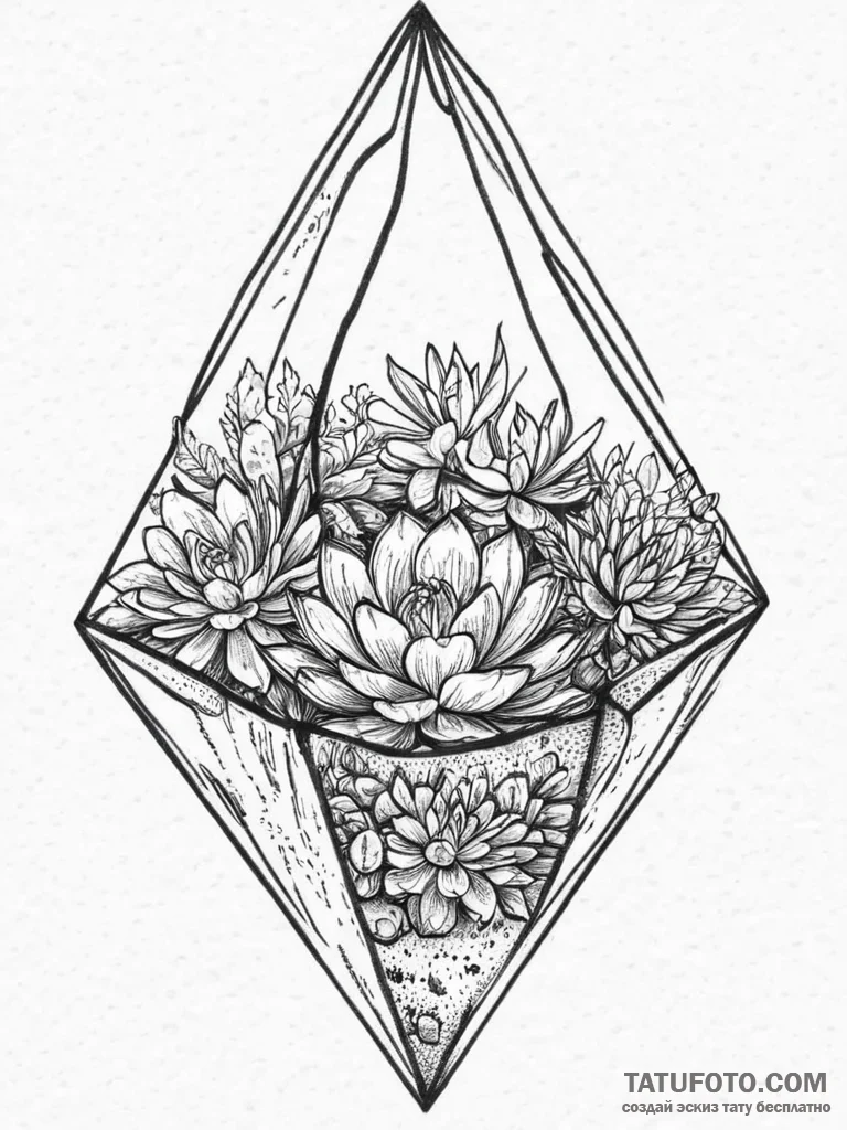 A terrarium with succulents, ink illustration... - эскиз тату (№1754235998_0, 03.08.2025 15:46) — Tatufoto.com