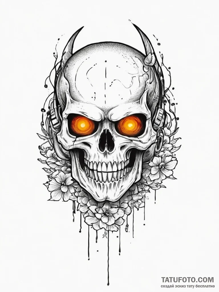 A skull with a glowing cyberpunk visor, tatto... - эскиз тату (№1754238397_0, 03.08.2025 16:26) — Tatufoto.com