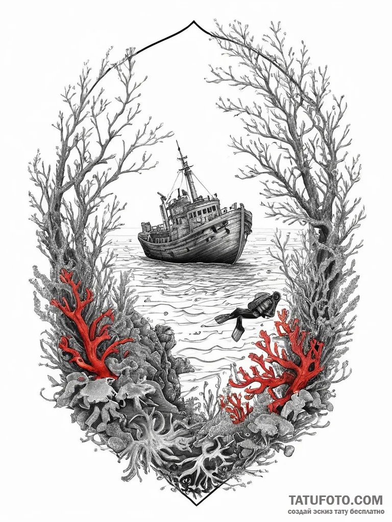 A diver discovering an old shipwreck overgrow... - эскиз тату (№1754245195_0, 03.08.2025 18:19) — Tatufoto.com