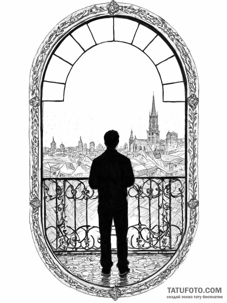 A silhouette of a person standing in a large,... - эскиз тату (№1754246427_0, 03.08.2025 18:40) — Tatufoto.com