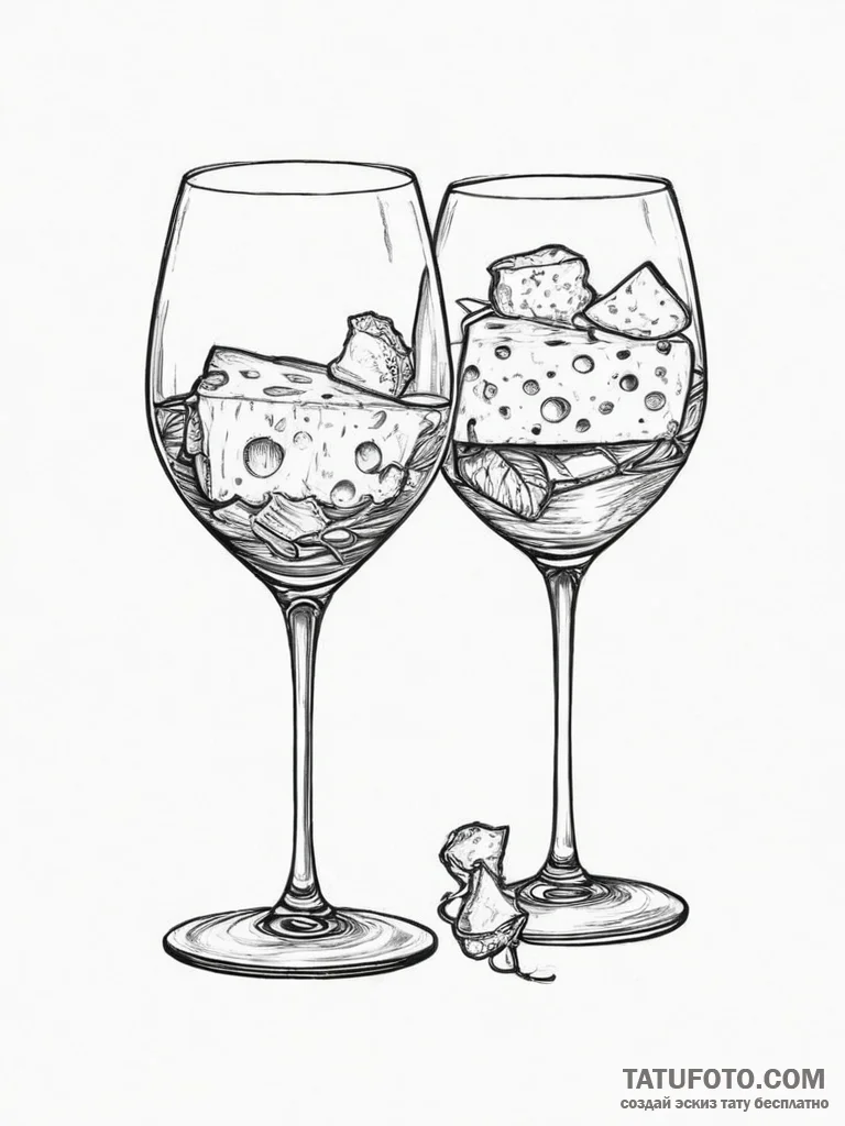 Tattoo design 'wine glass' on one, 'cheese' o... - эскиз тату (№1754252553_0, 03.08.2025 20:22) — Tatufoto.com