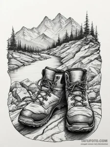 A shot of someone's feet in worn hiking boots... - эскиз тату (№1754253170_0, 03.08.2025 20:32) — Tatufoto.com