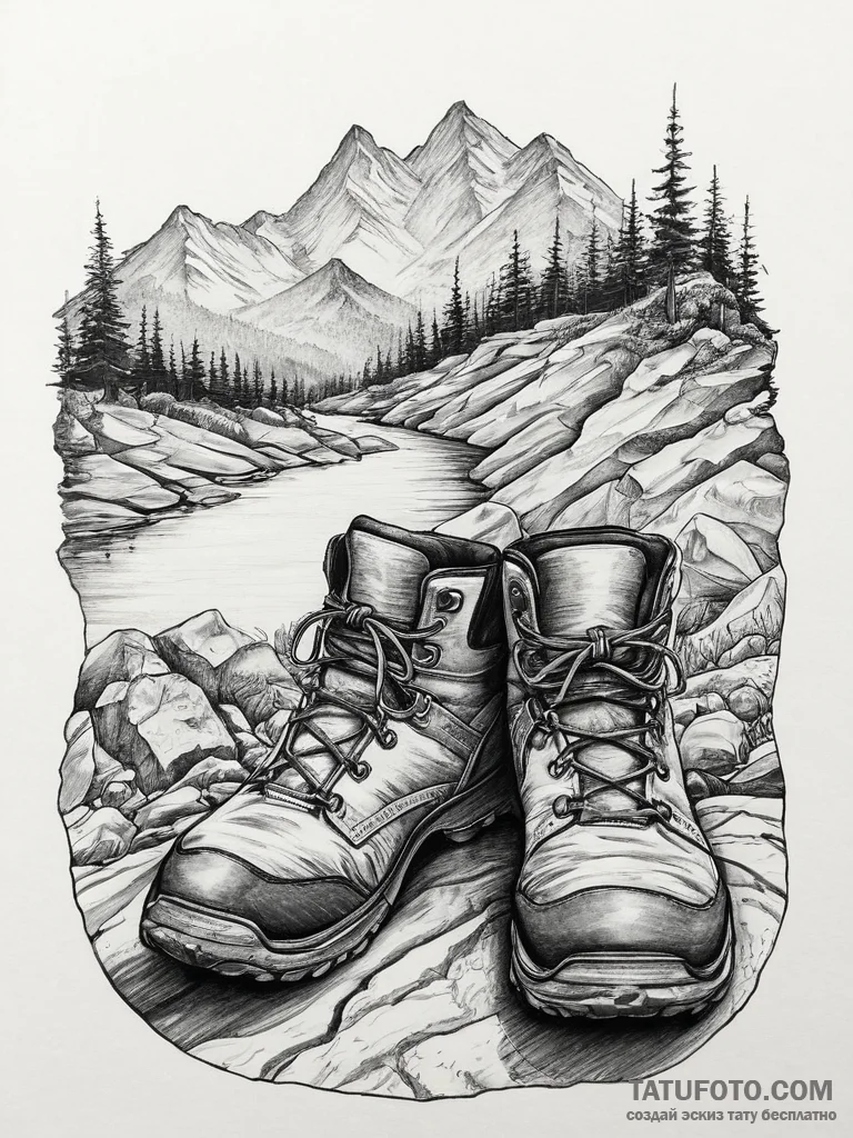 A shot of someone's feet in worn hiking boots... - эскиз тату (№1754253170_0, 03.08.2025 20:32) — Tatufoto.com