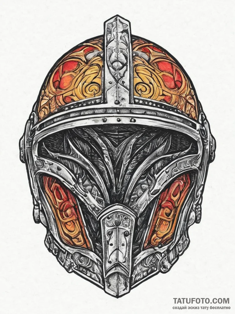 Tattoo sketch a close-up of a battle-worn hel... - эскиз тату (№1754256417_0, 03.08.2025 21:26) — Tatufoto.com