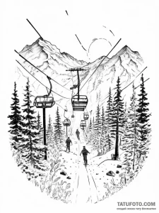 The view from a ski lift, looking down at ski... - эскиз тату (№1754257617_0, 03.08.2025 21:46) — Tatufoto.com