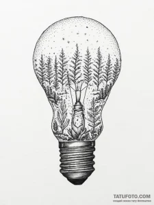 A lightbulb containing a tiny ecosystem, tatt... - эскиз тату (№1754260226_0, 03.08.2025 22:30) — Tatufoto.com