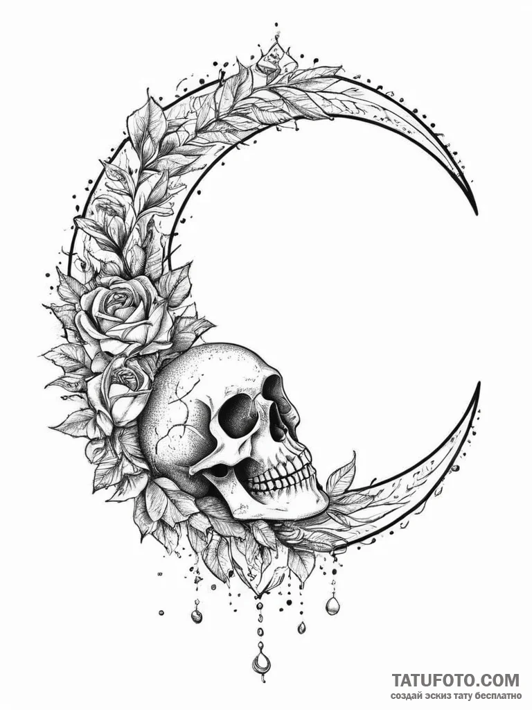 Crescent moon, ink illustration for tattoo, d... - эскиз тату (№1754264409_0, 03.08.2025 23:40) — Tatufoto.com