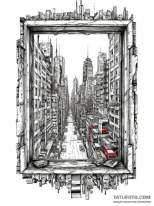 A window looking out onto a cyberpunk city, t... - эскиз тату (№1754266004_0, 04.08.2025 00:06) — Tatufoto.com