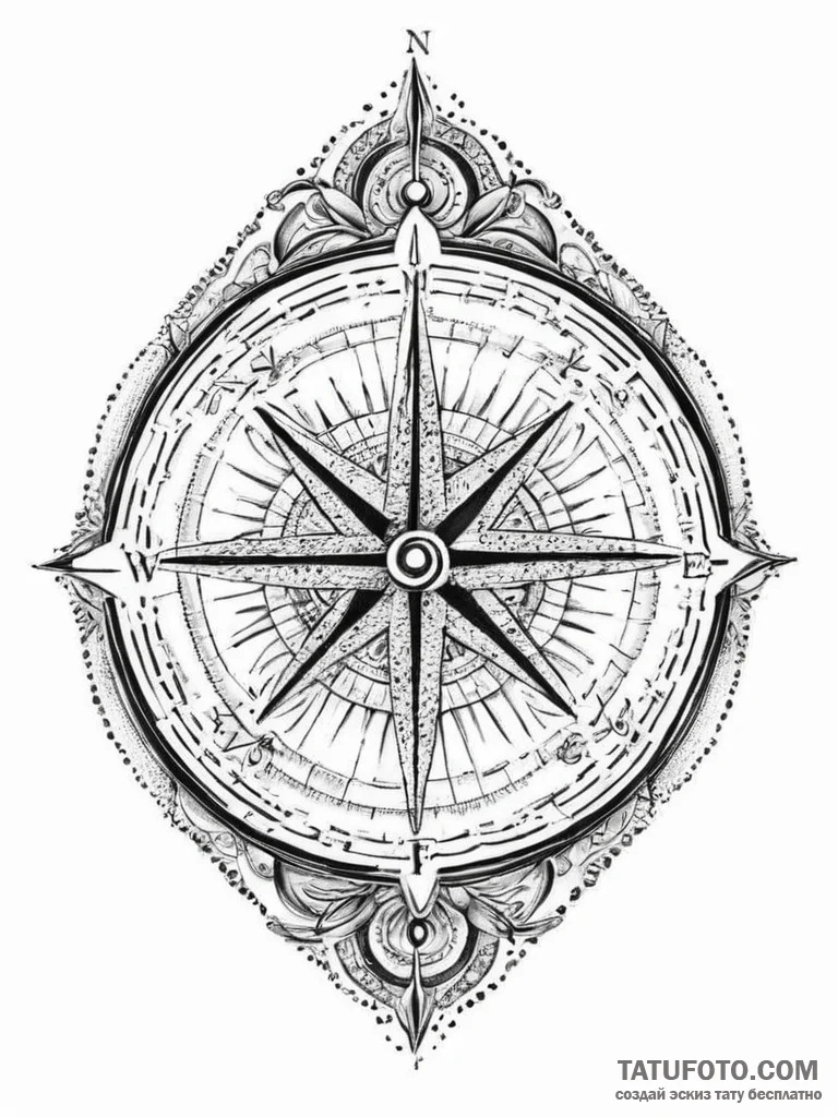 Tattoo sketch a weathered compass, pointing t... - эскиз тату (№1754266799_0, 04.08.2025 00:19) — Tatufoto.com