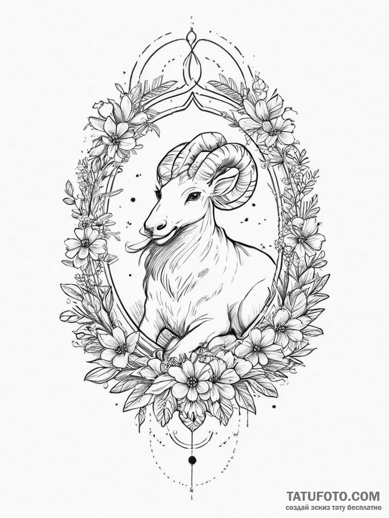 Tattoo sketch a zodiac animal resting among a... - эскиз тату (№1754267598_0, 04.08.2025 00:33) — Tatufoto.com