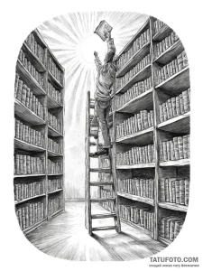 Photo of a librarian on a ladder, reaching fo... - эскиз тату (№1754270586_0, 04.08.2025 01:23) — Tatufoto.com
