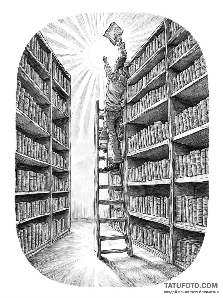 Photo of a librarian on a ladder, reaching fo... - эскиз тату (№1754270586_0, 04.08.2025 01:23) — Tatufoto.com