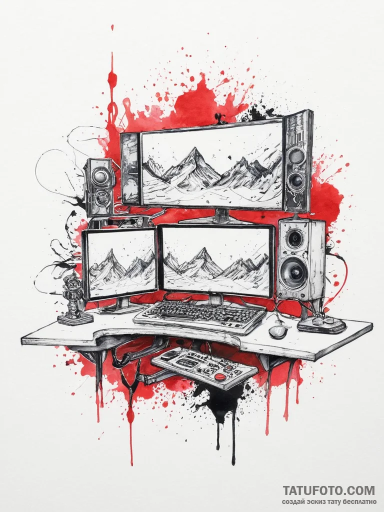 Tattoo design a triple-monitor setup with gam... - эскиз тату (№1754270783_0, 04.08.2025 01:26) — Tatufoto.com