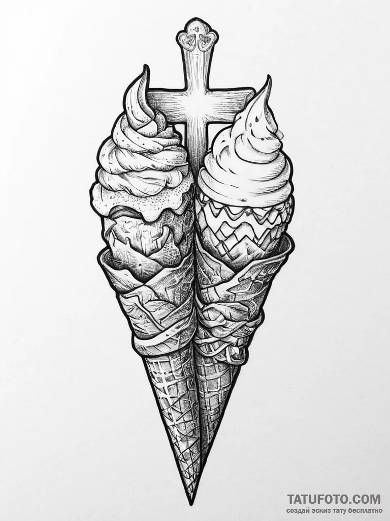 Tattoo design 'ice cream cone' on one, 'scoop... - эскиз тату (№1754273992_0, 04.08.2025 02:19) — Tatufoto.com