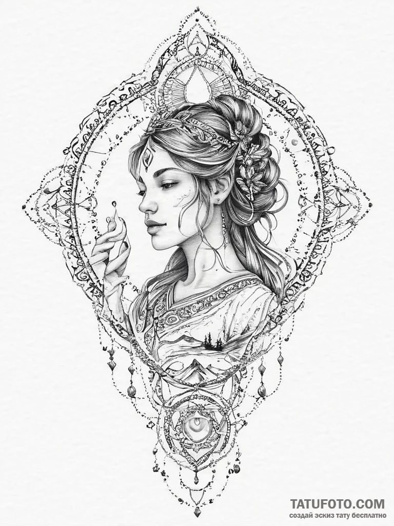 An elegant tattoo sketch of the goddess mokos... - эскиз тату (№1754274593_0, 04.08.2025 02:29) — Tatufoto.com