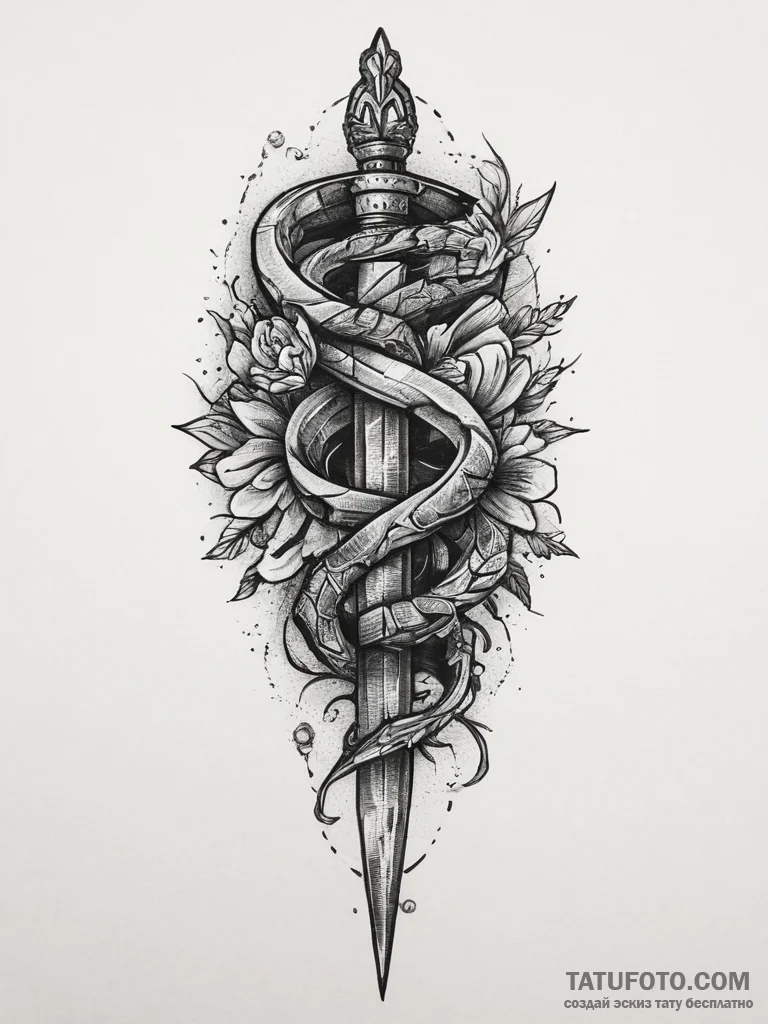 A dagger with a snake coiled around it, tatto... - эскиз тату (№1754277404_0, 04.08.2025 03:16) — Tatufoto.com