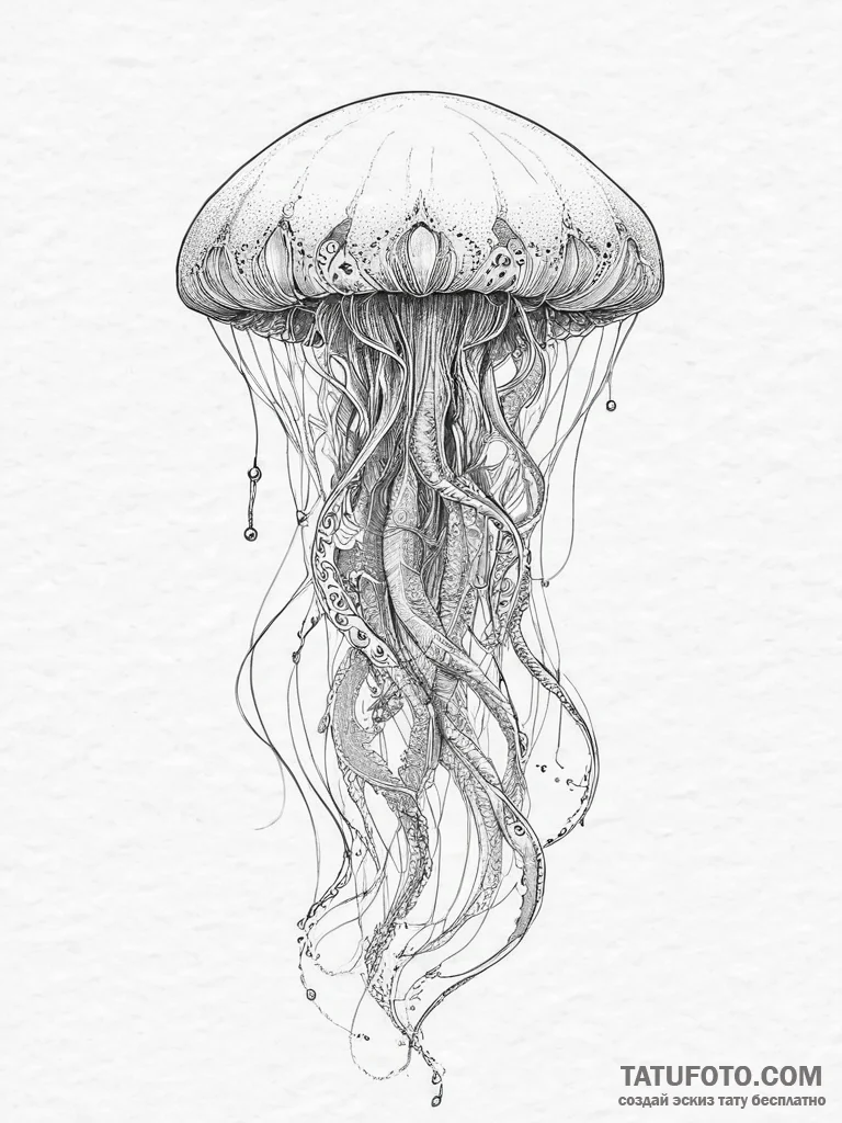Tattoo sketch a graceful jellyfish, with flow... - эскиз тату (№1754279998_0, 04.08.2025 03:59) — Tatufoto.com