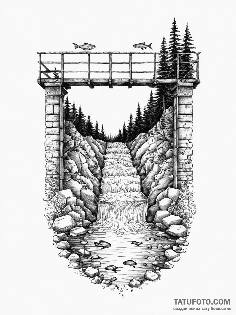 A shot of a salmon ladder at a dam, with fish... - эскиз тату (№1754282788_0, 04.08.2025 04:46) — Tatufoto.com