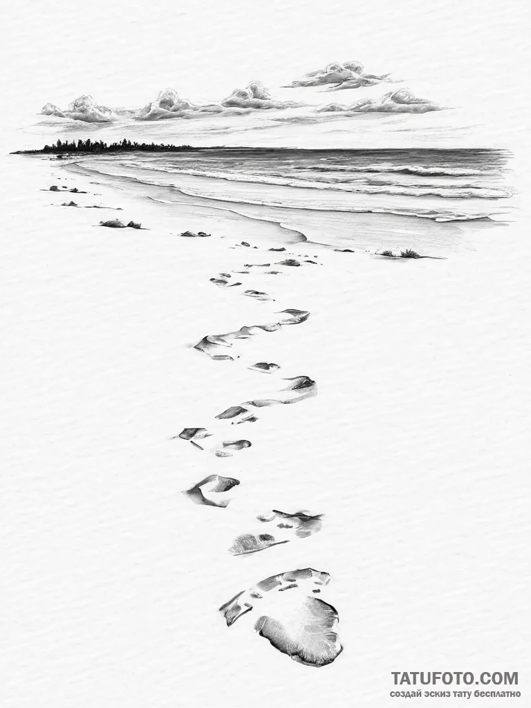 A shot of a deserted beach with footprints le... - эскиз тату (№1754282990_0, 04.08.2025 04:49) — Tatufoto.com
