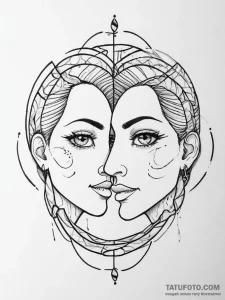 Tattoo sketch gemini faces, one in linework,... - эскиз тату (№1754283794_0, 04.08.2025 05:03) — Tatufoto.com