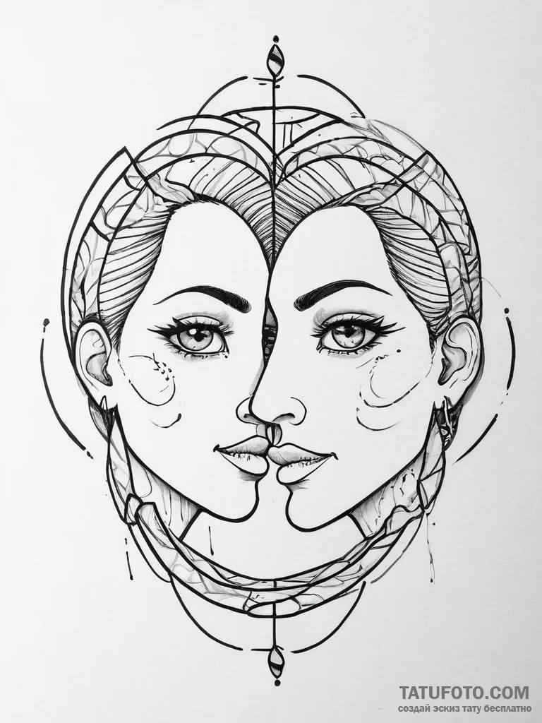 Tattoo sketch gemini faces, one in linework,... - эскиз тату (№1754283794_0, 04.08.2025 05:03) — Tatufoto.com