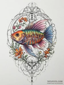 Fish skeleton, tattoo line art, vibrant color... - эскиз тату (№1754284191_0, 04.08.2025 05:09) — Tatufoto.com