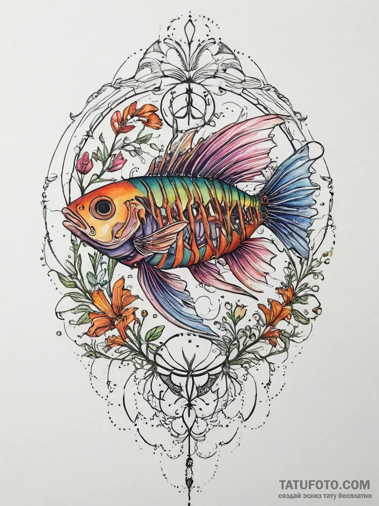 Fish skeleton, tattoo line art, vibrant color... - эскиз тату (№1754284191_0, 04.08.2025 05:09) — Tatufoto.com
