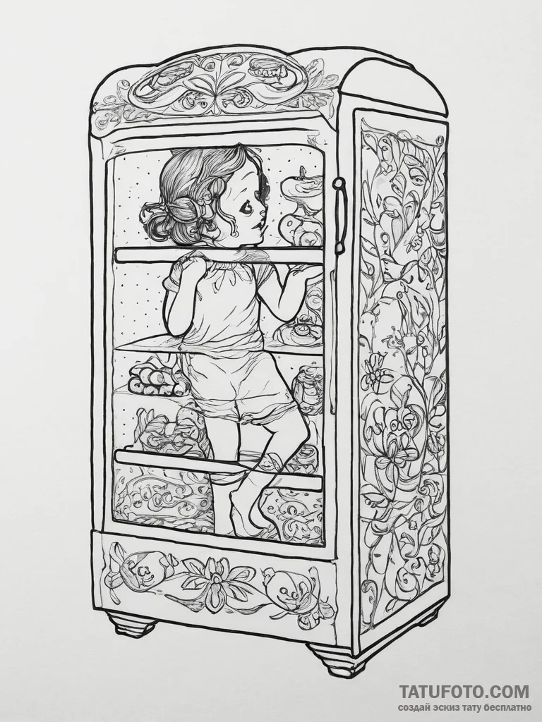 A child's drawing taped to a refrigerator., t... - эскиз тату (№1754285391_0, 04.08.2025 05:29) — Tatufoto.com