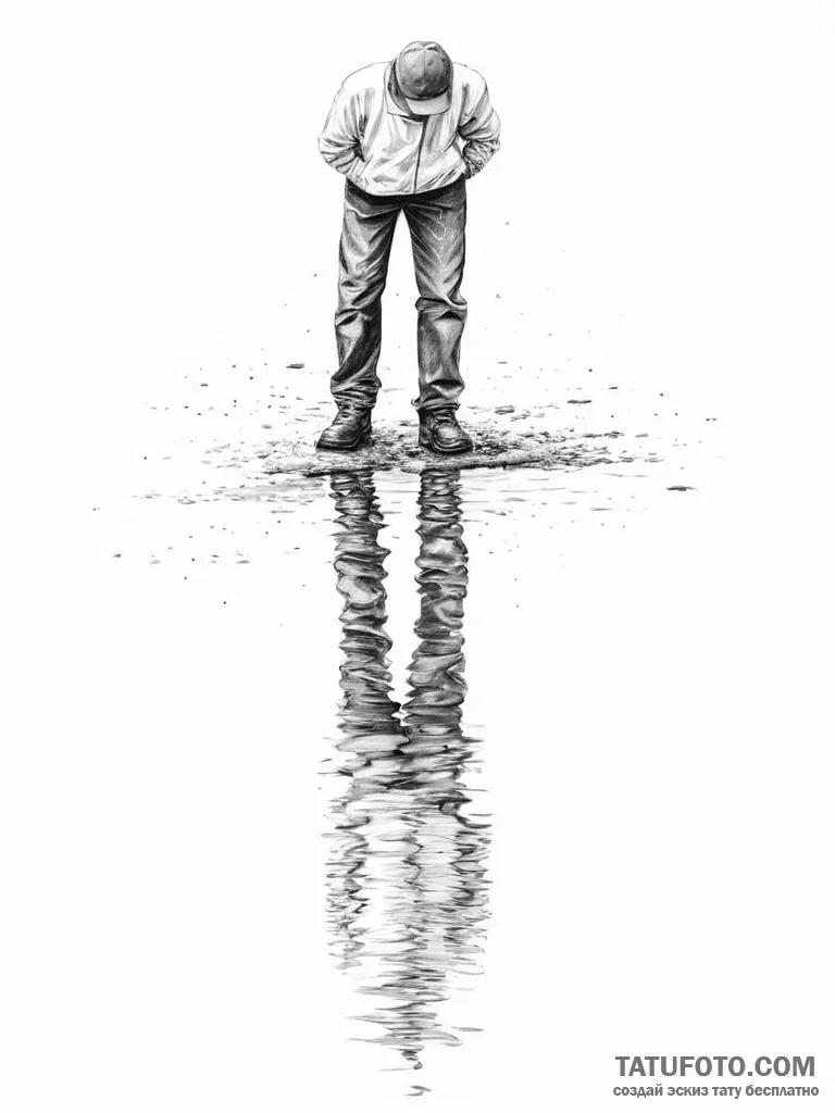 A shot of a person's reflection in a puddle a... - эскиз тату (№1754287386_0, 04.08.2025 06:03) — Tatufoto.com