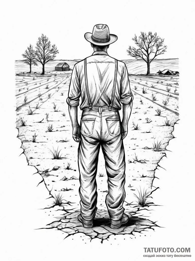 A powerful image of a farmer standing in a dr... - эскиз тату (№1754288780_0, 04.08.2025 06:26) — Tatufoto.com