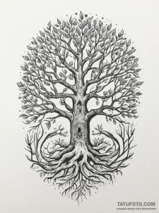 A tree with its roots exposed, forming a laby... - эскиз тату (№1754299568_0, 04.08.2025 09:26) — Tatufoto.com