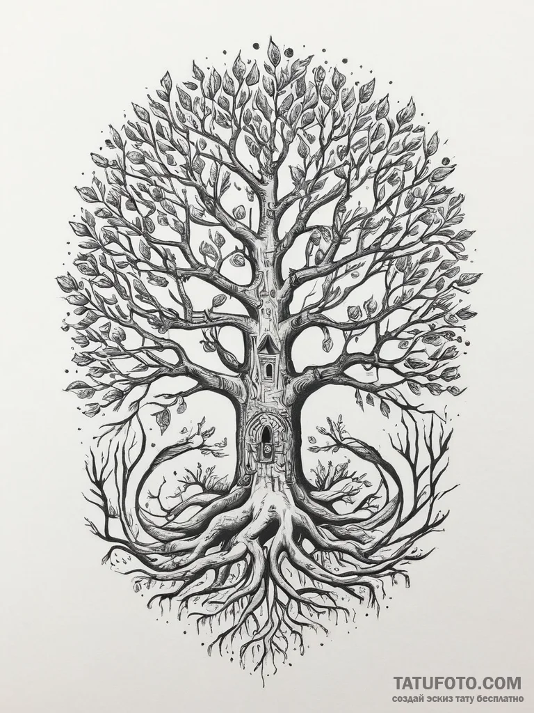 A tree with its roots exposed, forming a laby... - эскиз тату (№1754299568_0, 04.08.2025 09:26) — Tatufoto.com