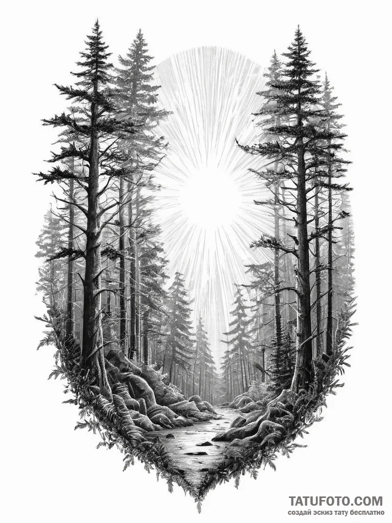 A sunbeam piercing through the canopy of a de... - эскиз тату (№1754300768_0, 04.08.2025 09:46) — Tatufoto.com