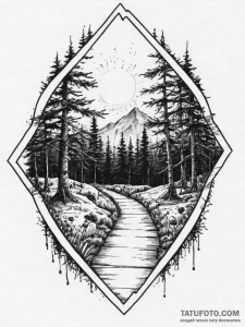 Tattoo design a tranquil forest path leading... - эскиз тату (№1754301566_0, 04.08.2025 09:59) — Tatufoto.com