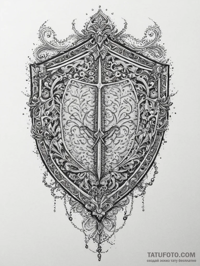 Tattoo sketch a knight's shield with battle d... - эскиз тату (№1754301766_0, 04.08.2025 10:02) — Tatufoto.com