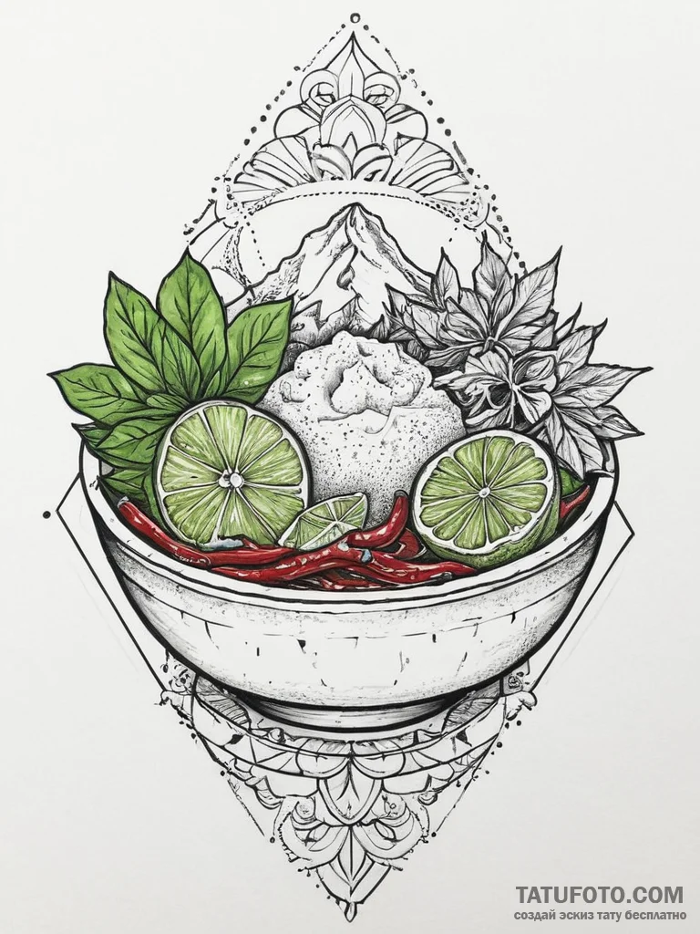 A vibrant bowl of pho, with fresh herbs, lime... - эскиз тату (№1754301966_0, 04.08.2025 10:06) — Tatufoto.com