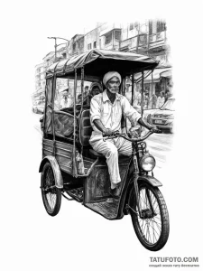 A shot of a rickshaw driver navigating a crow... - эскиз тату (№1754304557_0, 04.08.2025 10:49) — Tatufoto.com