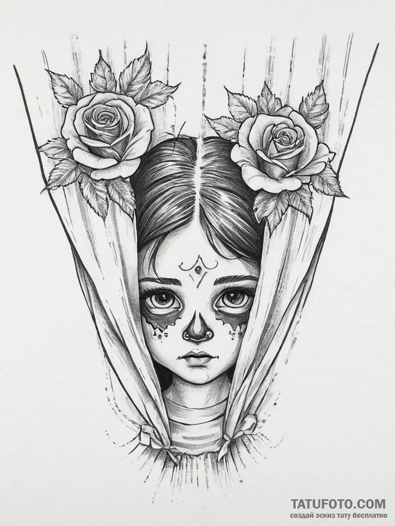 A close-up of a child's face peeking from beh... - эскиз тату (№1754317144_0, 04.08.2025 14:19) — Tatufoto.com