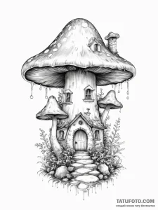 Tattoo design a whimsical mushroom house. - эскиз тату (№1754317344_0, 04.08.2025 14:22) — Tatufoto.com
