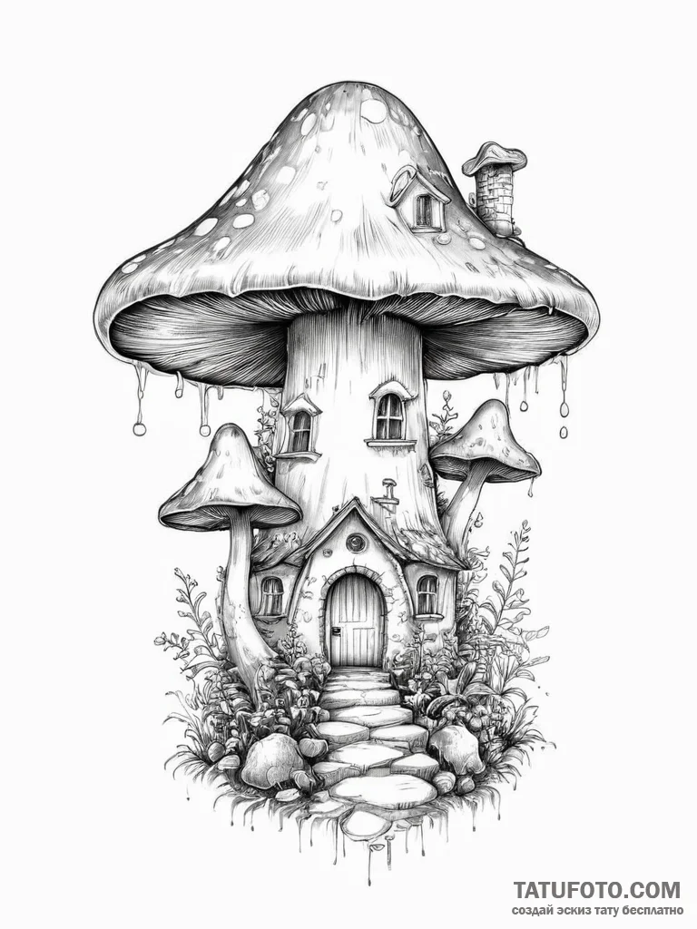 Tattoo design a whimsical mushroom house. - эскиз тату (№1754317344_0, 04.08.2025 14:22) — Tatufoto.com