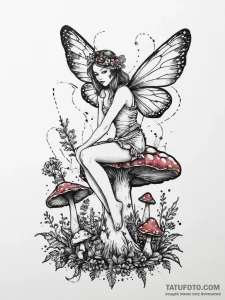Fairy sitting on a mushroom, tattoo drawing o... - эскиз тату (№1754322669_0, 04.08.2025 15:51) — Tatufoto.com