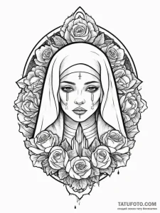 Nun, tattoo sketch design, bold outlines, thi... - эскиз тату (№1754323886_0, 04.08.2025 16:11) — Tatufoto.com