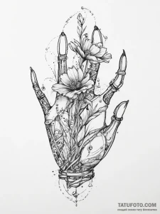 Robotic hand holding a real flower, artistic... - эскиз тату (№1754325313_0, 04.08.2025 16:35) — Tatufoto.com