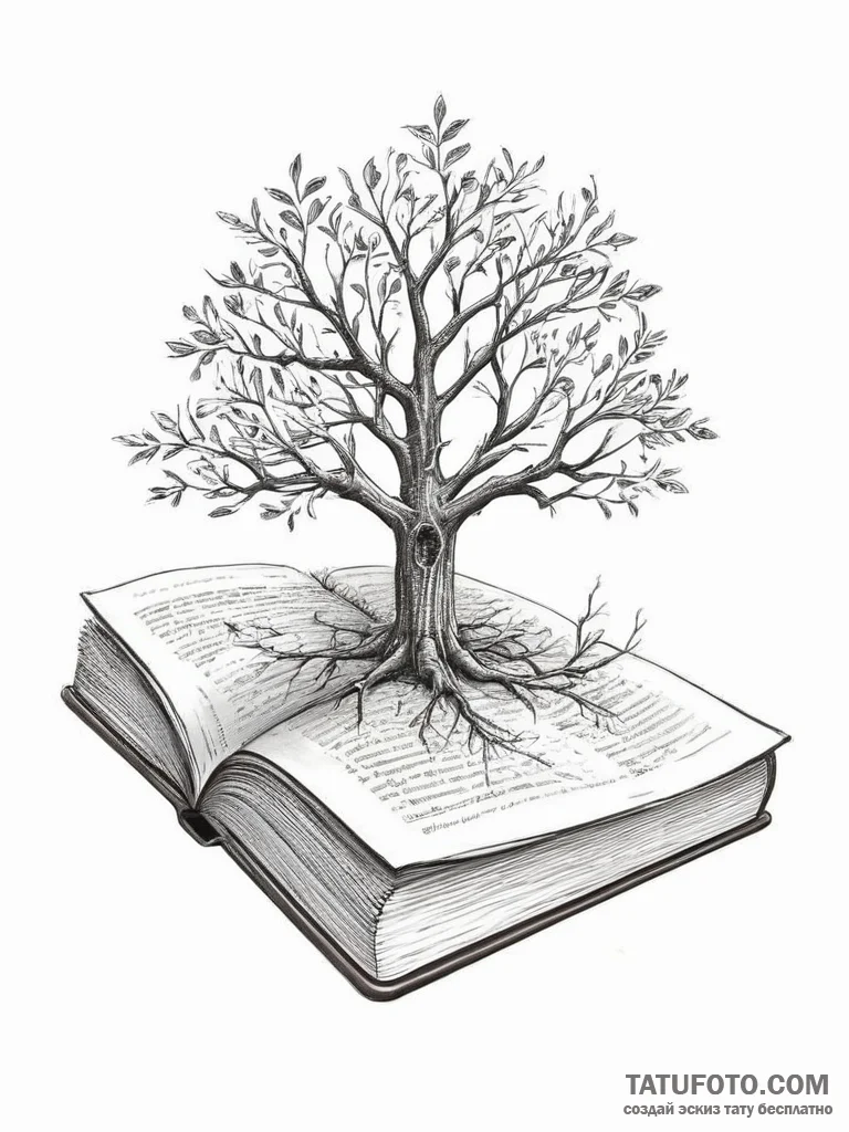 A tree growing out of an open book, artistic... - эскиз тату (№1754326125_0, 04.08.2025 16:48) — Tatufoto.com